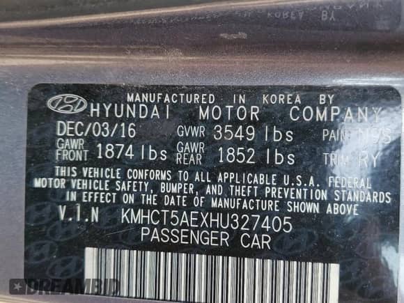 2017 Hyundai Accent SE с VIN KMHCT5AEXHU327405, выставлен на аукционе Copart как лот 53794125 с пробегом 149 791 миль миль и Списание • Salvage title. История ставок и продаж доступна на DreamBid. Изображение 12.