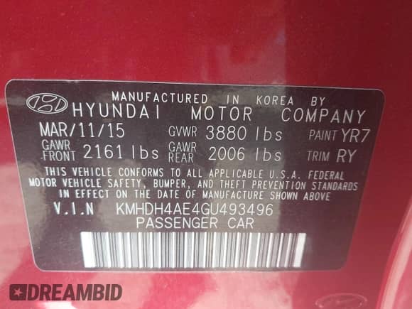 2016 Hyundai Elantra Value Edition with VIN KMHDH4AE4GU493496, listed as a IAAI auction lot 42943399 with 116,843 mi miles and . Bid and sale history available at DreamBid. Image 9.