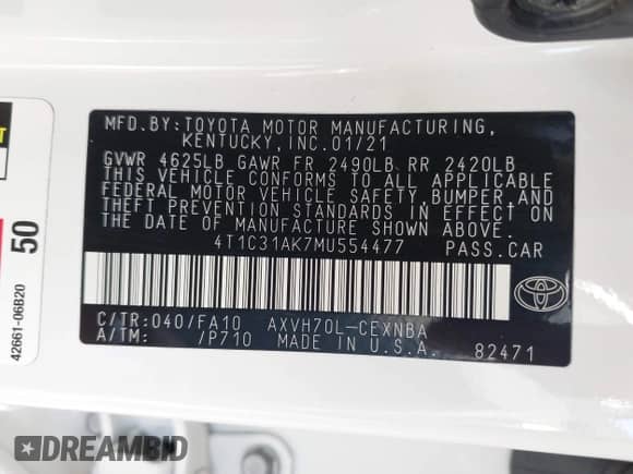 2021 Toyota Camry Hybrid LE with VIN 4T1C31AK7MU554477, listed as a IAAI auction lot 43395450 with 139,747 mi miles and . Bid and sale history available at DreamBid. Image 9.