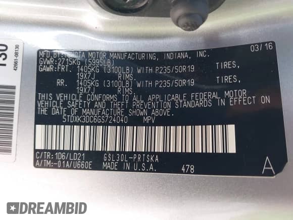 2016 Toyota Sienna SE with VIN 5TDXK3DC6GS724040, listed as a IAAI auction lot 42087356 with 75,175 mi miles and . Bid and sale history available at DreamBid. Image 9.