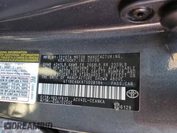 2007 Toyota Camry CE с VIN 4T1BE46K87U028184, выставлен на аукционе Copart как лот 89482725 с пробегом 142 391 миль миль и Списание • Salvage title. История ставок и продаж доступна на DreamBid. Изображение 13.