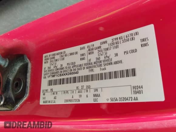 2019 Ford F-150 XL with VIN 1FTMF1CBXKKD80040, listed as a IAAI auction lot 42415800 with 160,431 mi miles and . Bid and sale history available at DreamBid. Image 9.