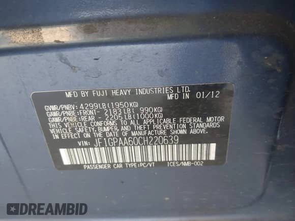 2012 Subaru Impreza 2.0i with VIN JF1GPAA60CH220639, listed as a IAAI auction lot 42687203 with 119,603 mi miles and . Bid and sale history available at DreamBid. Image 9.