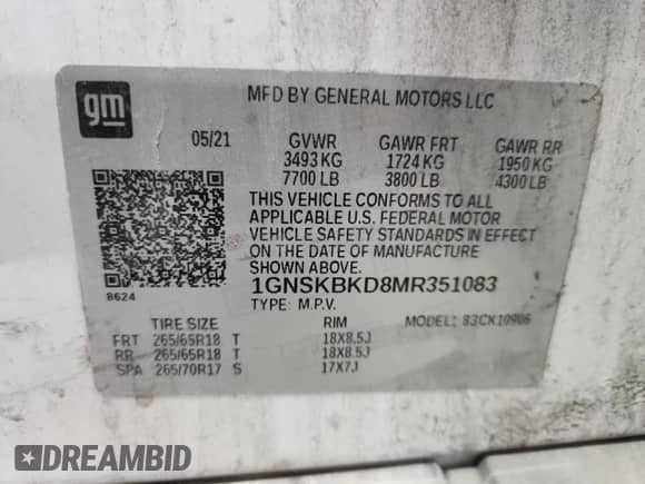 2021 Chevrolet Suburban LS с VIN 1GNSKBKD8MR351083, выставлен на аукционе Copart как лот 85602475 с пробегом 483 276 миль миль и Чистый • Clean title. История ставок и продаж доступна на DreamBid. Изображение 13.