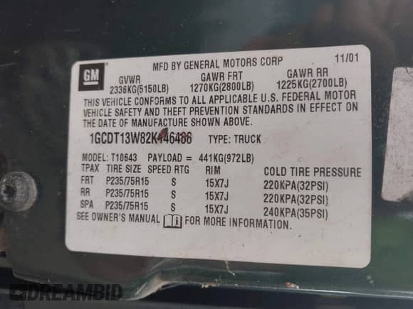 2002 Chevrolet S-10 LS with VIN 1GCDT13W82K146488, listed as a IAAI auction lot 42798169 with 110,300 mi miles and . Bid and sale history available at DreamBid. Image 9.