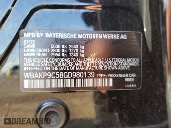 2016 BMW 5 Series 550i xDrive with VIN WBAKP9C58GD980139, listed as a Copart auction lot 54512615 with 110,019 mi miles and Salvage title. Bid and sale history available at DreamBid. Image 12.