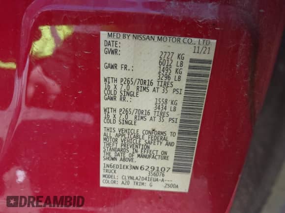 2022 Nissan Frontier SV with VIN 1N6ED1EK3NN629107, listed as a IAAI auction lot 42431913 with 63,336 mi miles and . Bid and sale history available at DreamBid. Image 9.