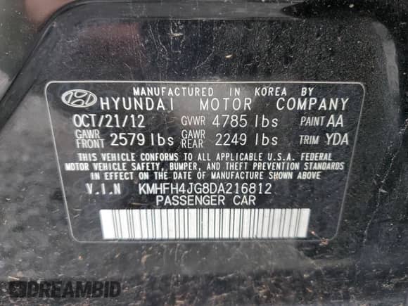 2013 Hyundai Azera with VIN KMHFH4JG8DA216812, listed as a Copart auction lot 72927044 with 141,792 mi miles and Non repairable. Bid and sale history available at DreamBid. Image 14.