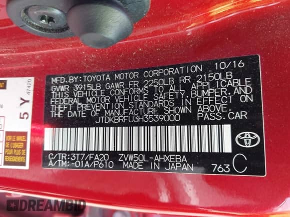 2017 Toyota Prius Two z VIN JTDKBRFU3H3539000, wystawiony jako IAAI lot #43260477 z przebiegiem 47 990 mil mil oraz . Historia ofert i sprzedaży dostępna na DreamBid. Obrazek 9.