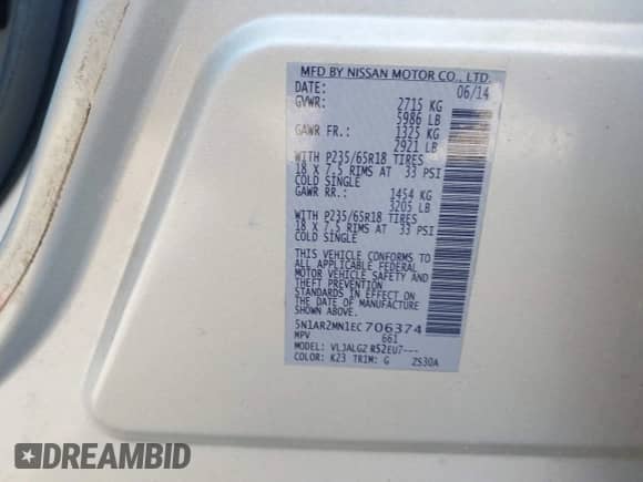 2014 Nissan Pathfinder S with VIN 5N1AR2MN1EC706374, listed as a IAAI auction lot 41617390 with 174,487 mi miles and . Bid and sale history available at DreamBid. Image 9.