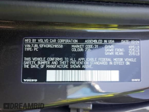 2024 Volvo S60 Core Dark Theme с VIN 7JRL12FK0RG318558, выставлен на аукционе Copart как лот 81773685 с пробегом 25 646 миль миль и Списание • Salvage title. История ставок и продаж доступна на DreamBid. Изображение 12.