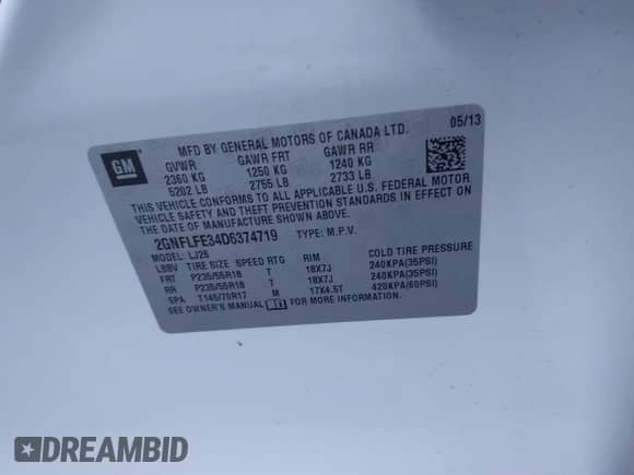 2013 Chevrolet Equinox LTZ z VIN 2GNFLFE34D6374719, wystawiony jako IAAI lot #41895407 z przebiegiem 97 925 mil mil oraz . Historia ofert i sprzedaży dostępna na DreamBid. Obrazek 9.