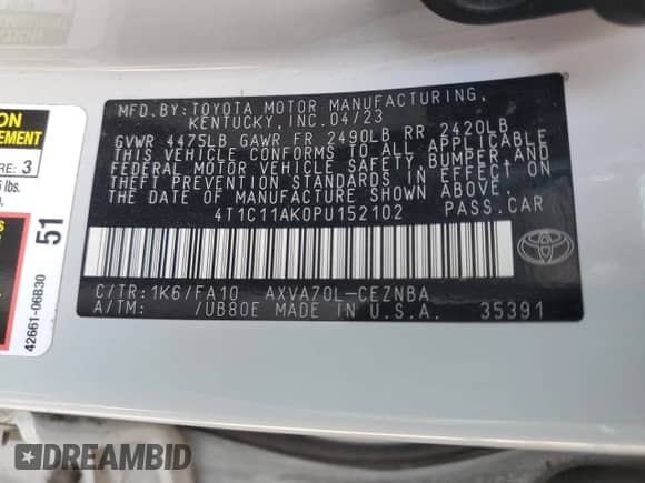 2023 Toyota Camry LE z VIN 4T1C11AK0PU152102, wystawiony jako Copart lot #71174015 z przebiegiem 56 081 mil mil oraz Szkoda całkowita • Salvage title. Historia ofert i sprzedaży dostępna na DreamBid. Obrazek 12.