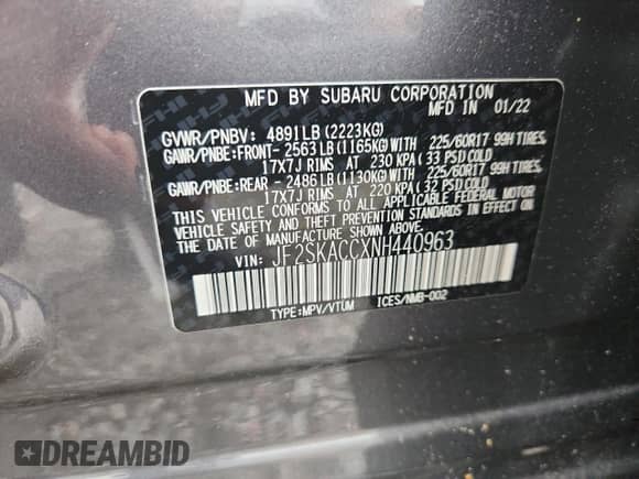 2022 Subaru Forester with VIN JF2SKACCXNH440963, listed as a Copart auction lot 63452115 with 20,769 mi miles and Salvage title. Bid and sale history available at DreamBid. Image 14.