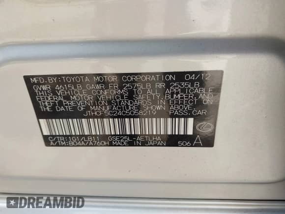 2012 Lexus IS 250 z VIN JTHCF5C24C5058219, wystawiony jako IAAI lot #43208714 z przebiegiem 140 788 mil mil oraz . Historia ofert i sprzedaży dostępna na DreamBid. Obrazek 9.