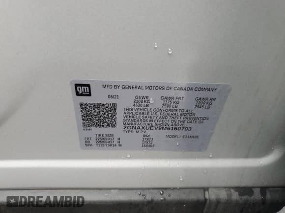2021 Chevrolet Equinox LT with VIN 2GNAXUEV9M6160703, listed as a Copart auction lot 69603575 with 68,319 mi miles and Salvage title. Bid and sale history available at DreamBid. Image 13.
