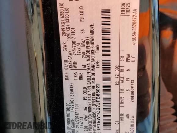 2018 Ford F-150 XL z VIN 1FTEW1CB7JFB88022, wystawiony jako Copart lot #82774395 z przebiegiem 199 328 mil mil oraz Czysty tytuł • Clean title. Historia ofert i sprzedaży dostępna na DreamBid. Obrazek 12.