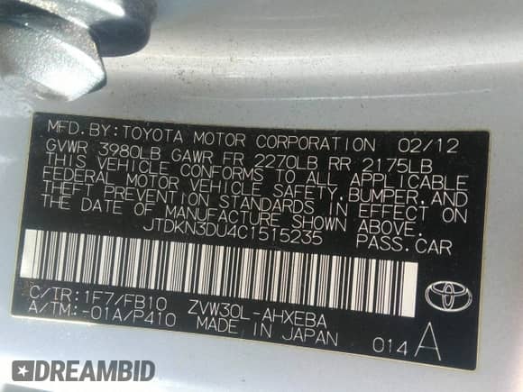 2012 Toyota Prius One с VIN JTDKN3DU4C1515235, выставлен на аукционе IAAI как лот 43532518 с пробегом 229 907 миль миль и . История ставок и продаж доступна на DreamBid. Изображение 9.