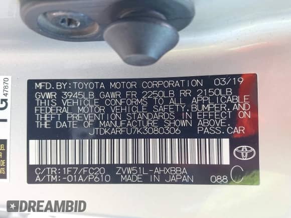 2019 Toyota Prius L Eco с VIN JTDKARFU7K3080306, выставлен на аукционе IAAI как лот 42808736 с пробегом 194 890 миль миль и . История ставок и продаж доступна на DreamBid. Изображение 9.