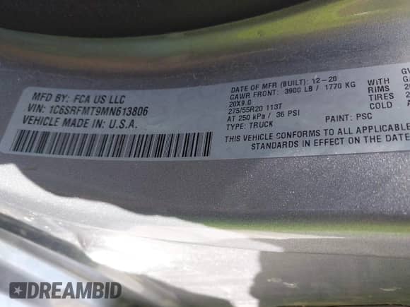 2021 Ram 1500 Big Horn with VIN 1C6SRFMT9MN613806, listed as a IAAI auction lot 41906404 with 41,831 mi miles and . Bid and sale history available at DreamBid. Image 9.