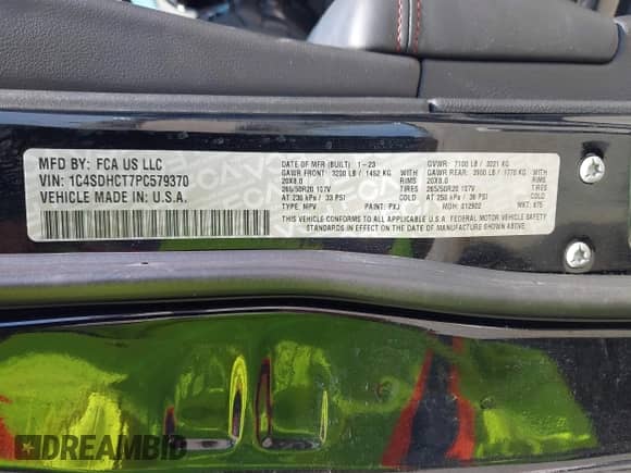 2023 Dodge Durango R/T Plus с VIN 1C4SDHCT7PC579370, выставлен на аукционе IAAI как лот 42536588 с пробегом 27 702 миль миль и . История ставок и продаж доступна на DreamBid. Изображение 9.