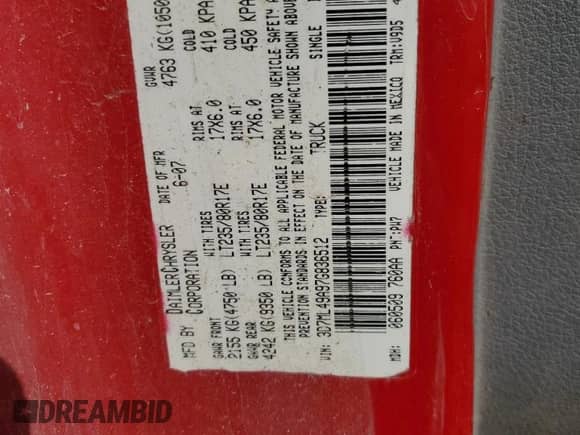 2007 Dodge RAM with VIN 3D7ML49A97G836512, listed as a Copart auction lot 70850634 with 388,155 mi miles and Salvage title. Bid and sale history available at DreamBid. Image 12.