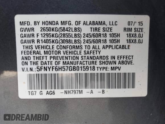 2016 Honda Pilot EX-L with VIN 5FNYF6H57GB015918, listed as a IAAI auction lot 43267717 with 155,812 mi miles and . Bid and sale history available at DreamBid. Image 9.