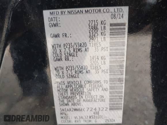 2014 Nissan Pathfinder Platinum с VIN 5N1AR2MN6EC724322, выставлен на аукционе IAAI как лот 41895212 с пробегом 168 231 миль миль и . История ставок и продаж доступна на DreamBid. Изображение 9.