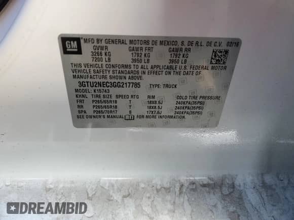 2016 GMC Sierra 1500 SLT с VIN 3GTU2NEC3GG217785, выставлен на аукционе Copart как лот 88785395 с пробегом 68 649 миль миль и Списание • Salvage title. История ставок и продаж доступна на DreamBid. Изображение 12.
