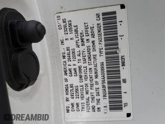 2010 Acura TL Technology с VIN 19UUA9F56AA008994, выставлен на аукционе Copart как лот 87426524 с пробегом 224 393 миль миль и На запчасти • Non repairable. История ставок и продаж доступна на DreamBid. Изображение 12.