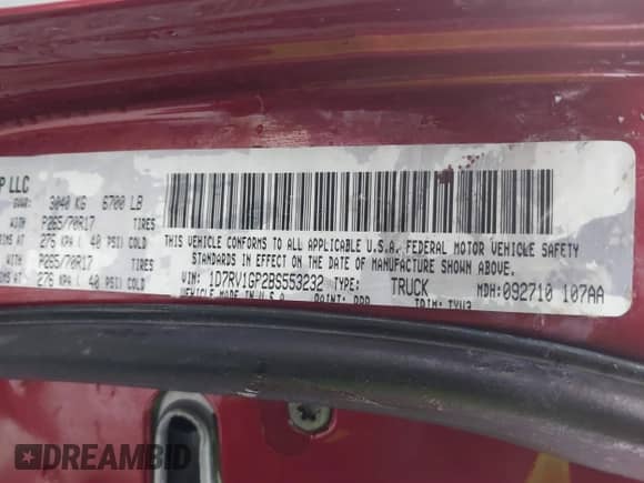 2011 Ram 1500 SLT with VIN 1D7RV1GP2BS553232, listed as a IAAI auction lot 41777555 with 136,426 mi miles and . Bid and sale history available at DreamBid. Image 9.