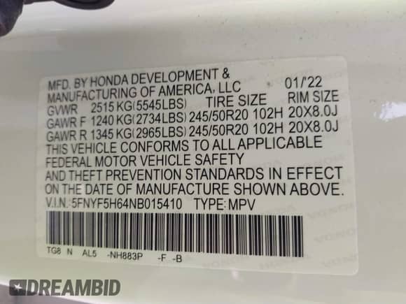 2022 Honda Pilot Touring 7-Passenger z VIN 5FNYF5H64NB015410, wystawiony jako IAAI lot #41776850 z przebiegiem 39 475 mil mil oraz . Historia ofert i sprzedaży dostępna na DreamBid. Obrazek 9.