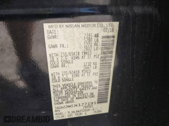 2018 Nissan Murano S z VIN 5N1AZ2MH5JN177195, wystawiony jako IAAI lot #43072382 z przebiegiem 111 097 mil mil oraz . Historia ofert i sprzedaży dostępna na DreamBid. Obrazek 9.