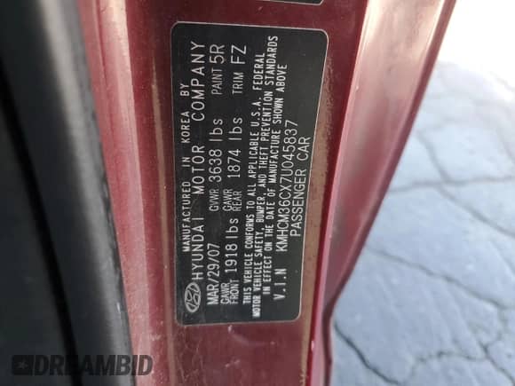 2007 Hyundai Accent GS с VIN KMHCM36CX7U045837, выставлен на аукционе Copart как лот 69955885 с пробегом 141 319 миль миль и Списание • Salvage title. История ставок и продаж доступна на DreamBid. Изображение 12.