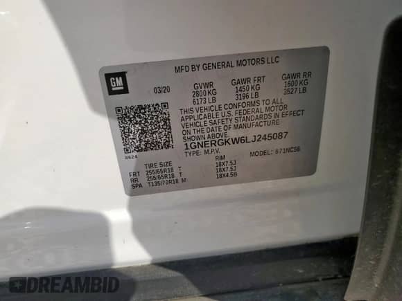 2020 Chevrolet Traverse LT Cloth с VIN 1GNERGKW6LJ245087, выставлен на аукционе Copart как лот 83846395 с пробегом 63 642 миль миль и Списание • Salvage title. История ставок и продаж доступна на DreamBid. Изображение 13.
