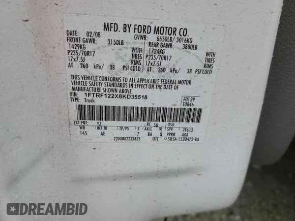 2008 Ford F-150 XL with VIN 1FTRF122X8KD35518, listed as a Copart auction lot 86678395 with 230,618 mi miles and Clean title. Bid and sale history available at DreamBid. Image 12.