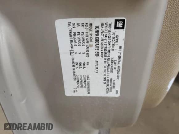 2007 Chevrolet Tahoe LS with VIN 1GNFK13007J151650, listed as a Copart auction lot 52193635 with Not provided miles and Non repairable. Bid and sale history available at DreamBid. Image 14.