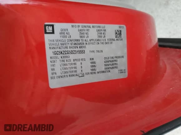 2013 Chevrolet Silverado 3500 с VIN 1GC5KZCG5DZ315553, выставлен на аукционе Copart как лот 72369234 с пробегом 87 694 миль миль и Списание • Salvage title. История ставок и продаж доступна на DreamBid. Изображение 12.