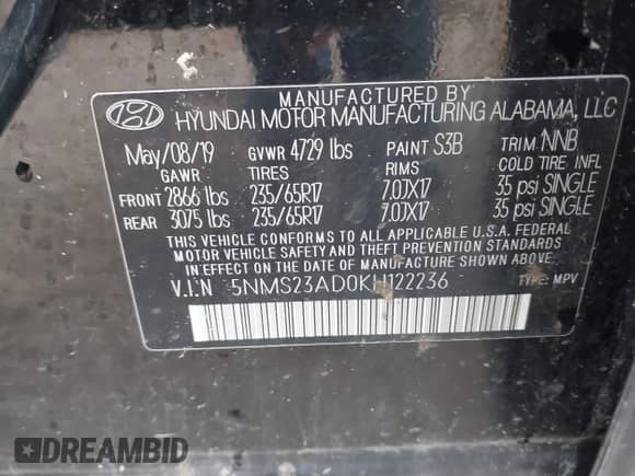 2019 Hyundai Santa Fe SE with VIN 5NMS23AD0KH122236, listed as a IAAI auction lot 42265064 with 101,173 mi miles and . Bid and sale history available at DreamBid. Image 9.