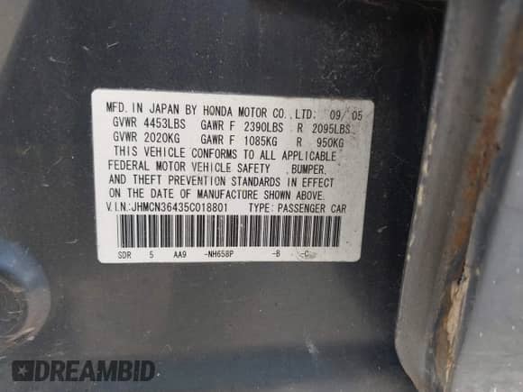 2005 Honda Accord with VIN JHMCN36435C018801, listed as a IAAI auction lot 42679664 with 225,083 mi miles and . Bid and sale history available at DreamBid. Image 9.