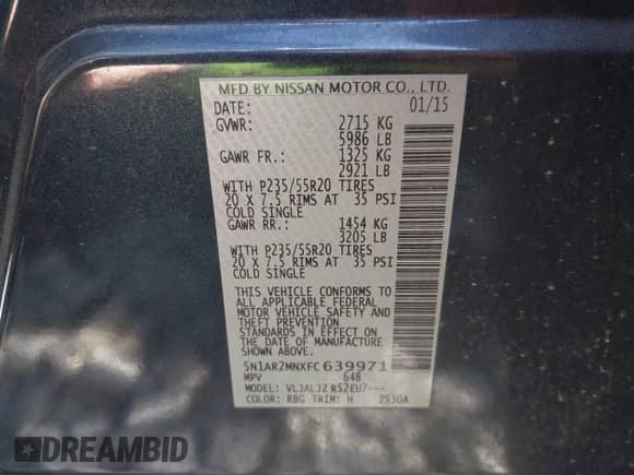 2015 Nissan Pathfinder SL with VIN 5N1AR2MNXFC639971, listed as a IAAI auction lot 43199009 with 177,596 mi miles and . Bid and sale history available at DreamBid. Image 9.