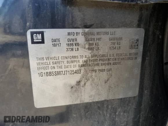 2018 Chevrolet Cruze LS with VIN 1G1BB5SM7J7125403, listed as a Copart auction lot 69429075 with 87,250 mi miles and Salvage title. Bid and sale history available at DreamBid. Image 12.