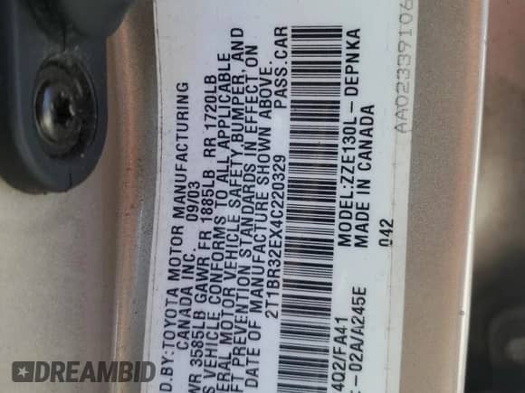 2004 Toyota Corolla CE с VIN 2T1BR32EX4C220329, выставлен на аукционе Copart как лот 84766705 с пробегом 212 097 миль миль и Чистый • Clean title. История ставок и продаж доступна на DreamBid. Изображение 12.