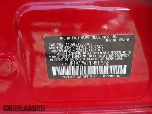 2017 Subaru WRX STI with VIN JF1VA2V67H9817958, listed as a IAAI auction lot 42580579 with 101,752 mi miles and . Bid and sale history available at DreamBid. Image 9.