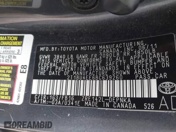 2011 Toyota Corolla S with VIN 2T1BU4EE6BC639260, listed as a IAAI auction lot 43334451 with 160,285 mi miles and . Bid and sale history available at DreamBid. Image 9.