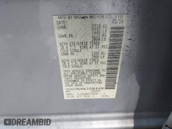 2016 Nissan Murano S with VIN 5N1AZ2MG4GN108448, listed as a IAAI auction lot 42979572 with 107,556 mi miles and . Bid and sale history available at DreamBid. Image 9.