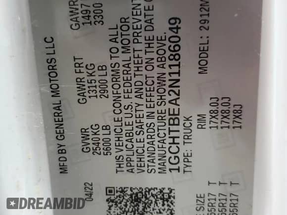 2022 Chevrolet Colorado 4WD Work Truck z VIN 1GCHTBEA2N1186049, wystawiony jako Copart lot #86665525 z przebiegiem 97 131 mil mil oraz Czysty tytuł • Clean title. Historia ofert i sprzedaży dostępna na DreamBid. Obrazek 12.