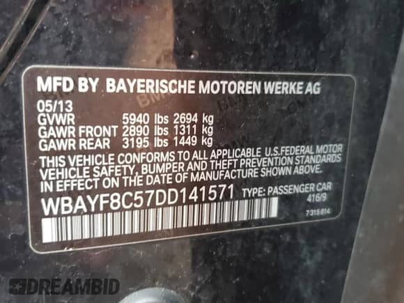 2013 BMW 7 Series 750Li xDrive with VIN WBAYF8C57DD141571, listed as a Copart auction lot 69778735 with 138,899 mi miles and Clean title. Bid and sale history available at DreamBid. Image 12.