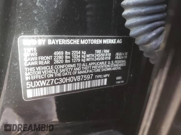 2017 BMW X3 sDrive28i with VIN 5UXWZ7C30H0V87597, listed as a Copart auction lot 81994515 with 78,114 mi miles and Salvage title. Bid and sale history available at DreamBid. Image 13.