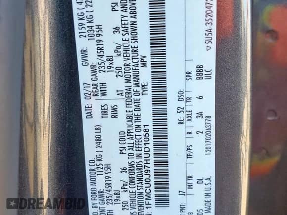 2017 Ford Escape Titanium with VIN 1FMCU0J97HUD10581, listed as a Copart auction lot 81885705 with 161,590 mi miles and Salvage title. Bid and sale history available at DreamBid. Image 13.